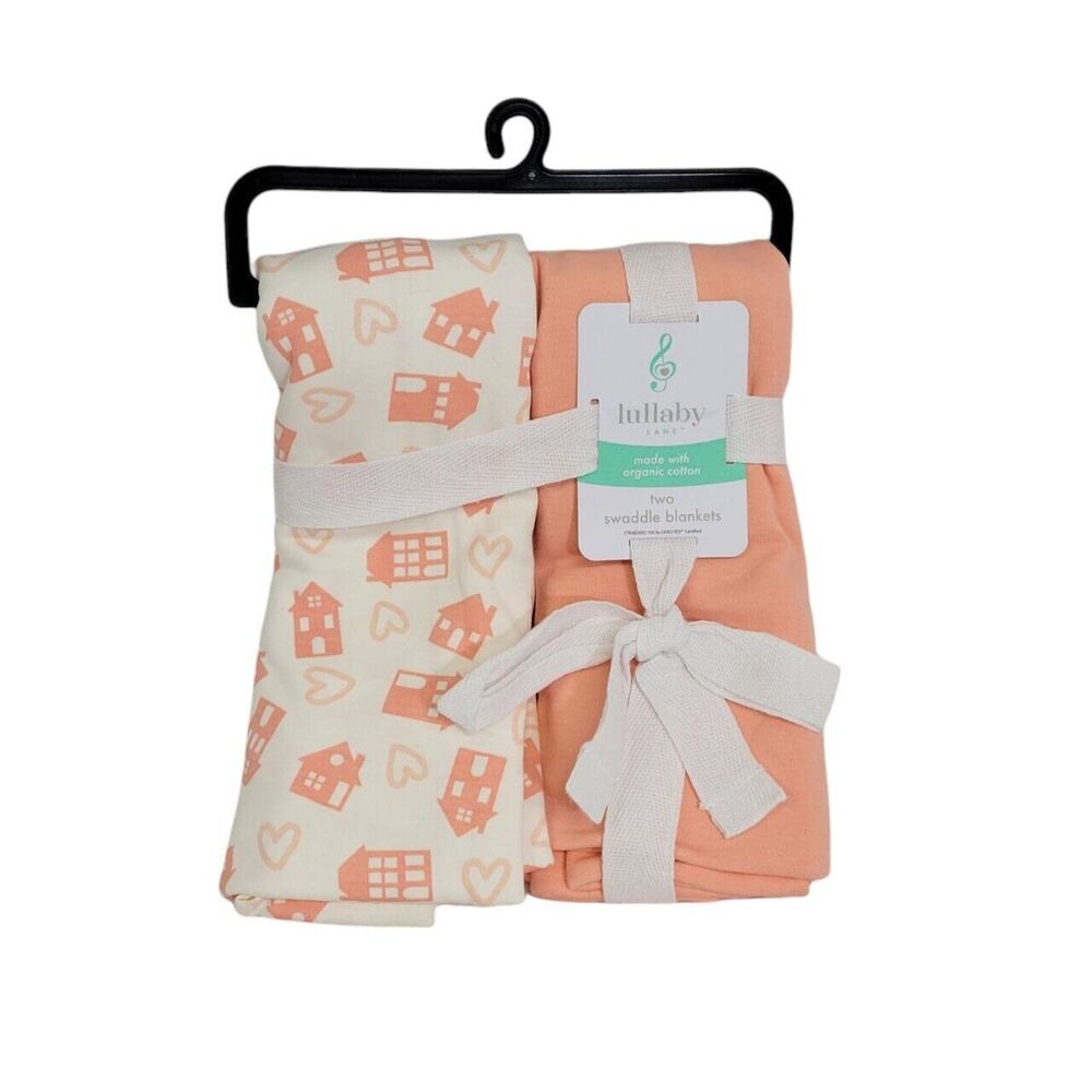 Lullaby Lane Pink Coral Cream Organic Cotton Pair Of 2 Swaddle Blankets New